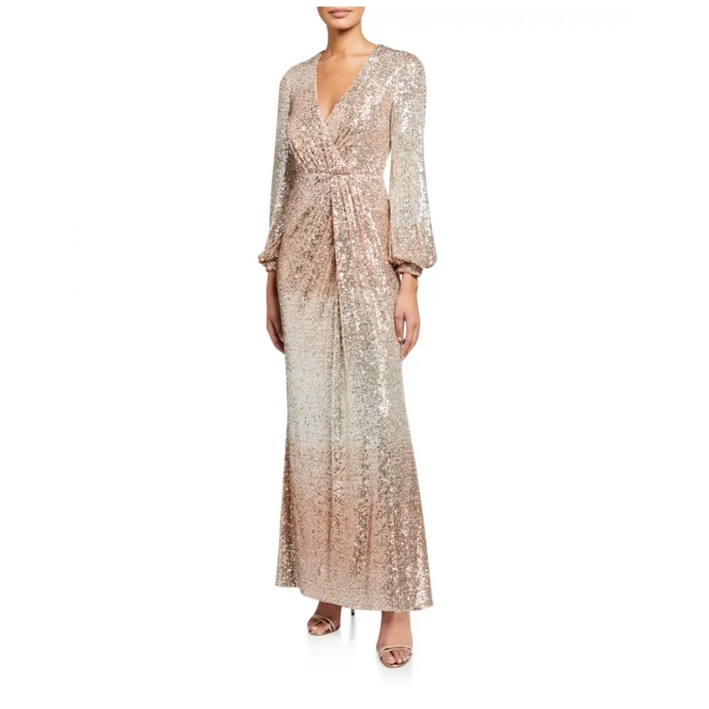 BNWT Badgley Mischka Collection Ombre Sequin Long-Sleeve Drape Gown